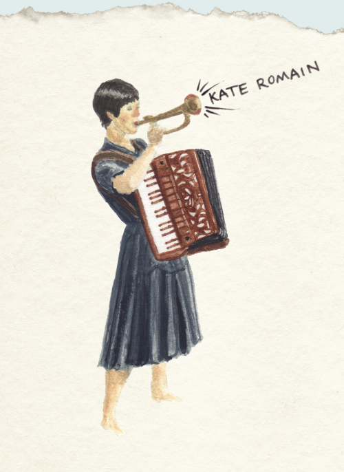 A watercolour painting of Kate carrying her accordion and playing a horn-kazoo