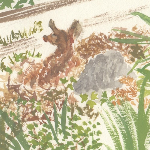 A watercolor plein air watercolor of a fawn lying behind a rock among leaves, foliage
