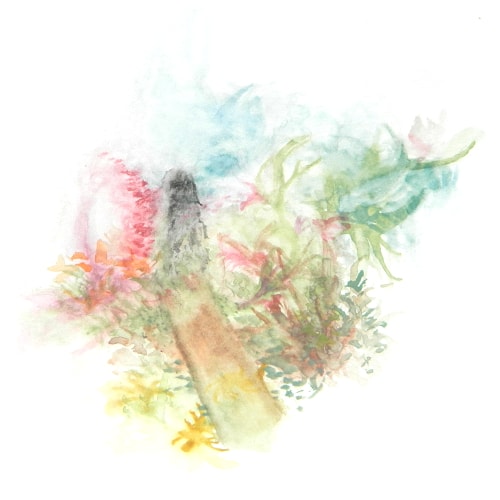 A dark watercolor figure moving through a colorful scene